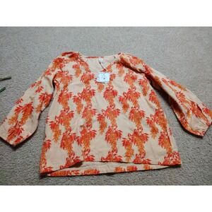 Kate Quinn Organic Cotton Fall/Autumn Colors Leaves Blouse Women's L NWT